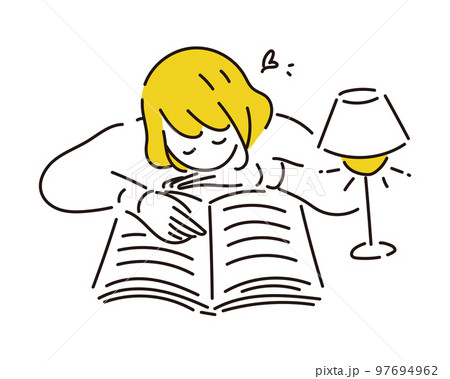 うつ伏せで寝転びながら本を読む女性 97694962