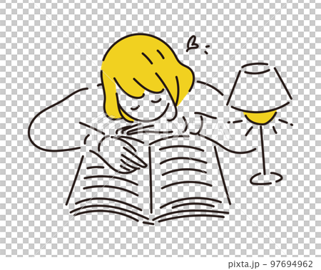 うつ伏せで寝転びながら本を読む女性 97694962