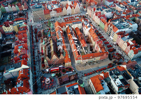 Wroclaw Rynek Square, aerial view. View from above on main market square in Wroclaw with walking tourists during Christmas holidays. 97695554