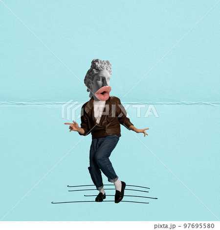 Contemporary art collage. Man with antique statue head in stylish leather jacket dancing over blue background 97695580