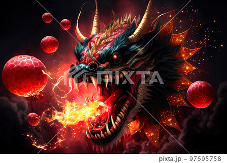 Chinese New Year Decoration--Closeup of Dancing Dragon and knots 97695758
