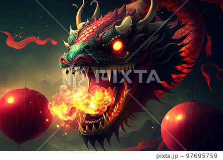 Chinese New Year Decoration--Closeup of Dancing Dragon and knots 97695759