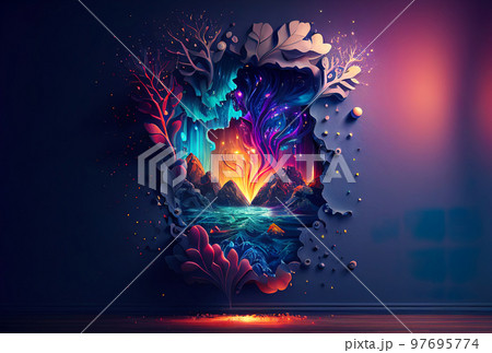 designer fantastic fabulous interior of a cozy room with a portal to Another dimension on the wall 97695774