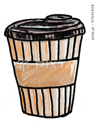 Paper cup with coffee or tea. Dice-box with hot drink. Image in cartoon style with contour. Food and hot drink. Isolated on white background Paper cup with coffee or tea. Dice-box with hot drink. Image in cartoon style with contour. Food and hot drink. Isolated on white background 97695808