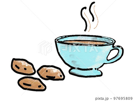 Coffee time drawn cartoon style, cup with hot drink, blue cup isolated on background Vector illustration 97695809