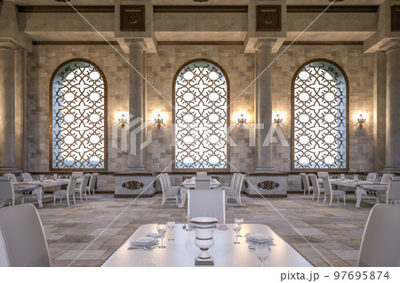 3D rendering of the hall in a classic style. Classic interior. Hall with columns and sculptures 97695874