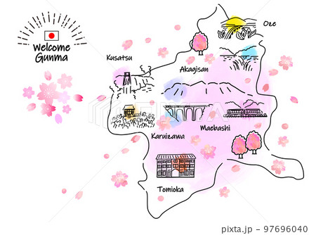 春の群馬県の観光地のシンプル線画イラストマップ(ピンク) 春の群馬県の観光地のシンプル線画イラストマップ(ピンク) 97696040