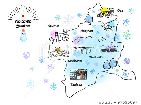 冬の群馬県の観光地のシンプル線画イラストマップ 冬の群馬県の観光地のシンプル線画イラストマップ 97696097