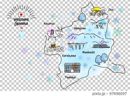 冬の群馬県の観光地のシンプル線画イラストマップ 冬の群馬県の観光地のシンプル線画イラストマップ 97696097