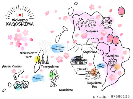 春の鹿児島県の観光地のシンプル線画イラストマップ(ピンク) 春の鹿児島県の観光地のシンプル線画イラストマップ(ピンク) 97696139