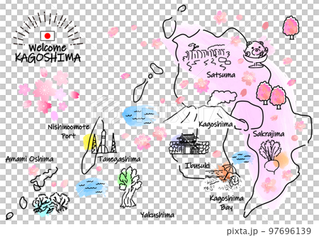 春の鹿児島県の観光地のシンプル線画イラストマップ(ピンク) 春の鹿児島県の観光地のシンプル線画イラストマップ(ピンク) 97696139