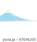 初日の出に輝く雪化粧の富士山　霧の中　年賀状 97696205