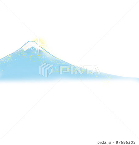 初日の出に輝く雪化粧の富士山　霧の中　年賀状 97696205