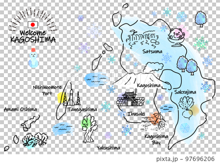 冬の鹿児島県の観光地のシンプル線画イラストマップ 97696206