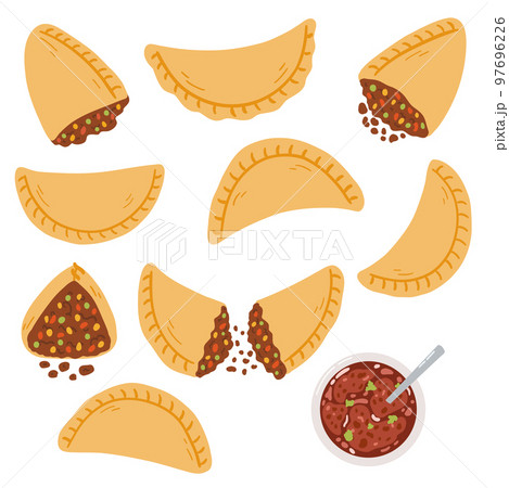 Empanadas in cartoon flat style. Hand drawn vector illustration of traditional Latino America food, folk cuisine 97696226