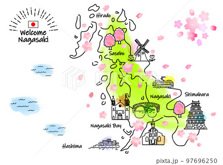 春の長崎県の観光地のシンプル線画イラストマップ 97696250