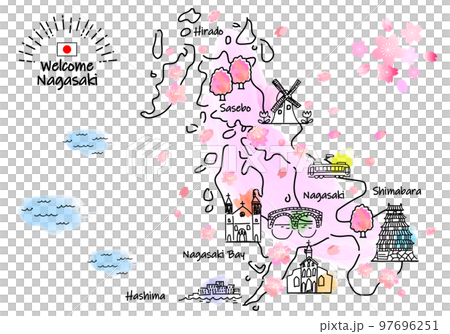 春の長崎県の観光地のシンプル線画イラストマップ（ピンク） 97696251