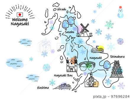 冬の長崎県の観光地のシンプル線画イラストマップ 冬の長崎県の観光地のシンプル線画イラストマップ 97696284