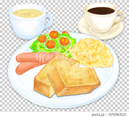 モーニング_ウインナー_スクランブルエッグ_サラダ_トースト_コーヒー_カップスー 97696820