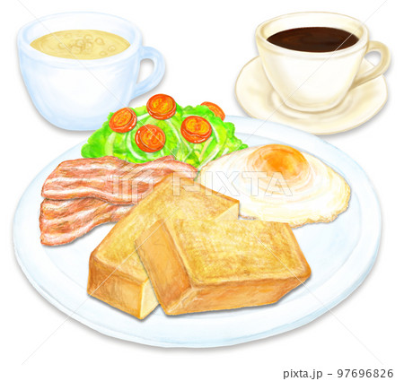モーニングのイラスト_ベーコン_目玉焼き_サラダ_カットトースト_コーヒー_カップスープ モーニングのイラスト_ベーコン_目玉焼き_サラダ_カットトースト_コーヒー_カップスープ 97696826