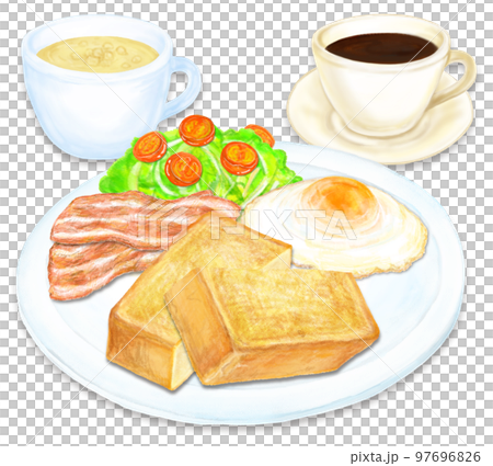 モーニングのイラスト_ベーコン_目玉焼き_サラダ_カットトースト_コーヒー_カップスープ モーニングのイラスト_ベーコン_目玉焼き_サラダ_カットトースト_コーヒー_カップスープ 97696826