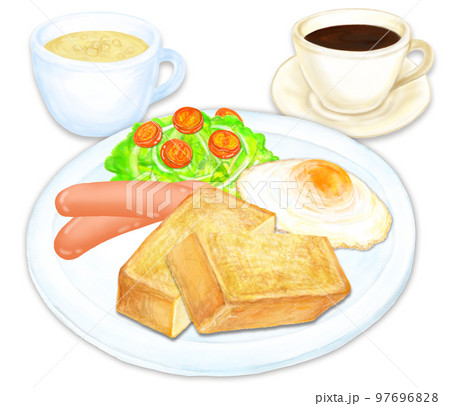 モーニングの_ベーコン_目玉焼き_サラダ_バタートースト_コーヒー_カップスープ_セット 97696828