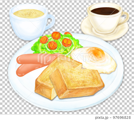 モーニングの_ベーコン_目玉焼き_サラダ_バタートースト_コーヒー_カップスープ_セット 97696828