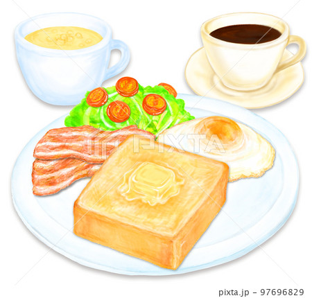 モーニングのイラスト_ベーコン_目玉焼き_サラダ_バタートースト_コーヒー_カップスープ 97696829