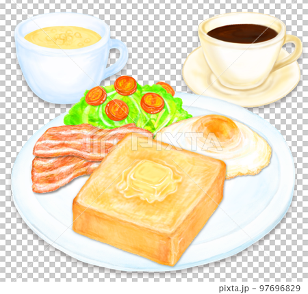 モーニングのイラスト_ベーコン_目玉焼き_サラダ_バタートースト_コーヒー_カップスープ 97696829