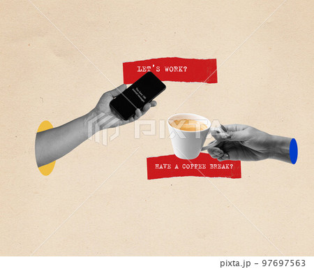 Keep balance between work and rest. Contemporary art collage. Concept of business, career, employers, teamwork, cooperation, success. 97697563