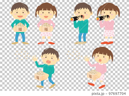一個孩子把豆子扔到 Setsubun 和一個孩子吃 Ehomaki 的插圖 一個孩子把豆子扔到 Setsubun 和一個孩子吃 Ehomaki 的插圖 97697704