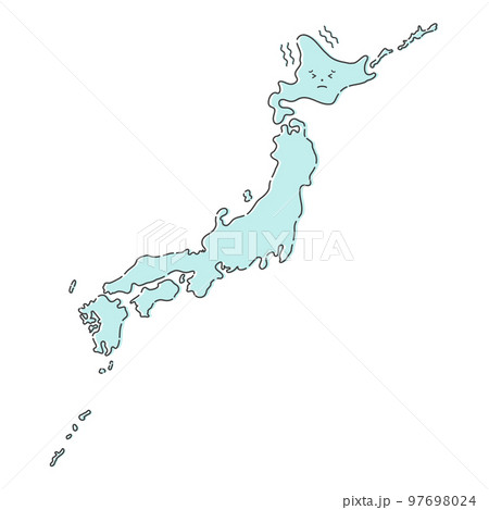 寒さに震える手書きの顔の付いた日本地図 - 水色のシンプルな日本列島 - ゆるい塗りとやわらかな黒線