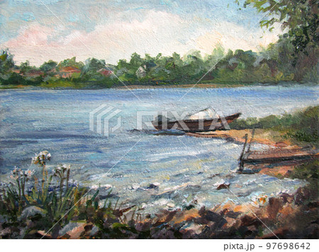boat and the river in summer, oil painting boat and the river in summer, oil painting 97698642