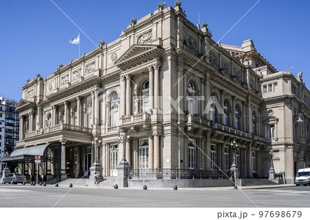Theater Colon in Buenos Aires. Building and architecture of the famous world Latin American Opera House in Argentina. Buenos Aires landmarks, travel concept. Theater Colon in Buenos Aires. Building and architecture of the famous world Latin American Opera House in Argentina. Buenos Aires landmarks, travel concept. 97698679