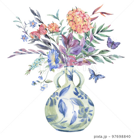 Watercolor wildflowers bouquet, Chinese blue vase floral illustration isolated on white 97698840