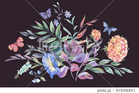 Watercolor botanical wildflowers bouquet, natural geeting card isolated on black 97698841