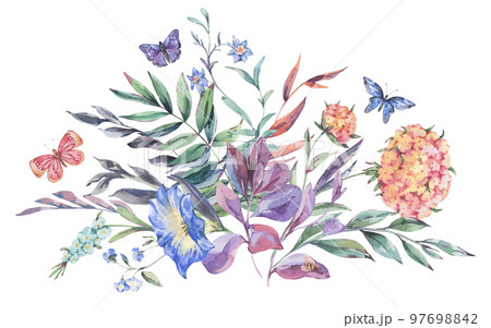 Watercolor botanical wildflowers bouquet, natural geeting card isolated on white 97698842