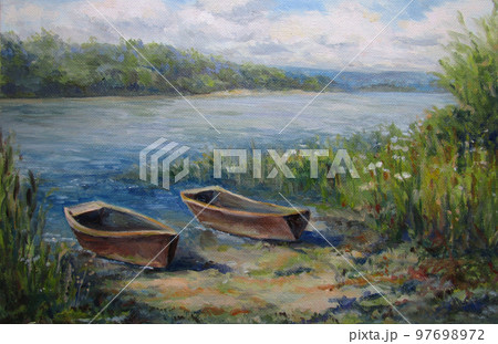 Forest landscape, with boats and river 97698972