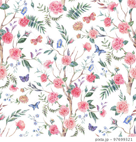 Watercolor garden rose bouquet, blooming tree seamless pattern, Chinoiserie floral texture Watercolor garden rose bouquet, blooming tree seamless pattern, Chinoiserie floral texture 97699321