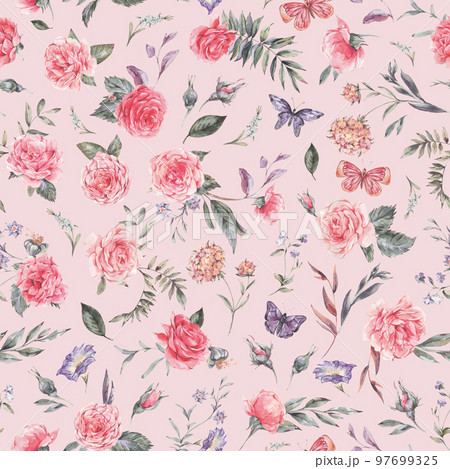 Watercolor vintage garden rose bouquet seamless pattern, botanical floral texture 97699325