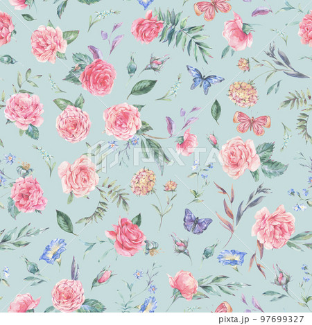 Watercolor vintage garden rose bouquet seamless pattern, botanical floral texture 97699327