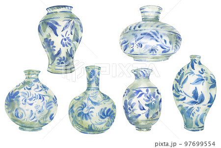 Set of watercolor blue porcelain Chinese vase...-插圖素材[97699554