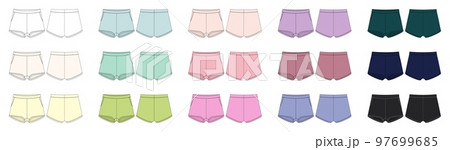 Set of blank shorts pants technical sketch design template. Diffirent colors. Casual shorts with pockets collection. 97699685