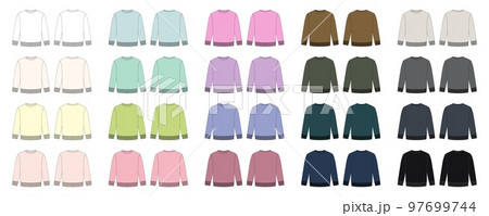 Set of blank childrens sweatshirt technical sketch. Diffirent colors. Kids wear jumper design template collection. Set of blank childrens sweatshirt technical sketch. Diffirent colors. Kids wear jumper design template collection. 97699744