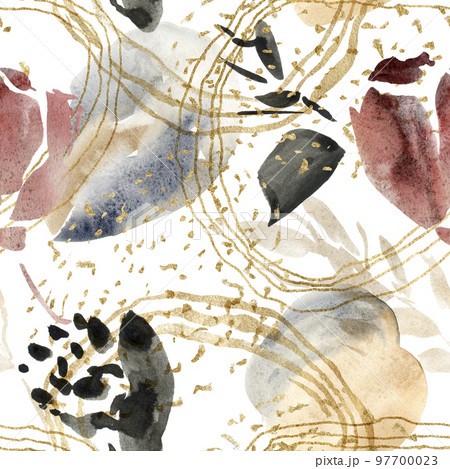 Watercolor floral seamless pattern of flowers and abstract vinous spots. Hand painted minimalistic illustration isolated on white background. For design, print, fabric or background. Watercolor floral seamless pattern of flowers and abstract vinous spots. Hand painted minimalistic illustration isolated on white background. For design, print, fabric or background. 97700023