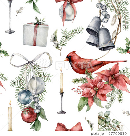 Watercolor Christmas seamless pattern of cardinal bird, candle, bells, poinsettia and fir branches. Hand painted holiday illustration isolated on white background. For design, print or background. Watercolor Christmas seamless pattern of cardinal bird, candle, bells, poinsettia and fir branches. Hand painted holiday illustration isolated on white background. For design, print or background. 97700050