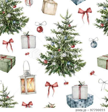 Watercolor winter seamless pattern with Christmas interior items. Hand painted holiday toys, lantern and bow isolated on white background. Illustration for design, print, fabric, or background. 97700055