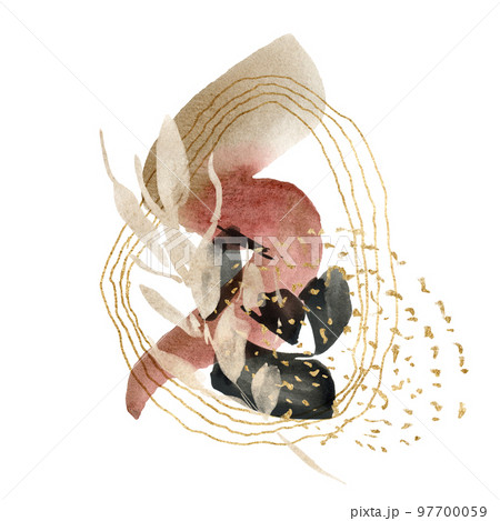 Watercolor floral card of abstract spots and flowers. Hand painted minimalistic illustration isolated on white background. For design, print, fabric or background. Watercolor floral card of abstract spots and flowers. Hand painted minimalistic illustration isolated on white background. For design, print, fabric or background. 97700059