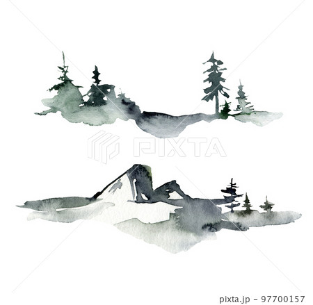 Watercolor winter minimalistic landscape of snow, trees and mountains. Hand painted abstract fir trees illustrations isolated on white background. For design, print, fabric or background. Watercolor winter minimalistic landscape of snow, trees and mountains. Hand painted abstract fir trees illustrations isolated on white background. For design, print, fabric or background. 97700157