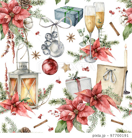 Watercolor Christmas symbols seamless pattern. Hand painted holiday illustration of lantern, poinsettia, gift boxes and bells isolated on white background. For design, print, fabric or background. 97700191